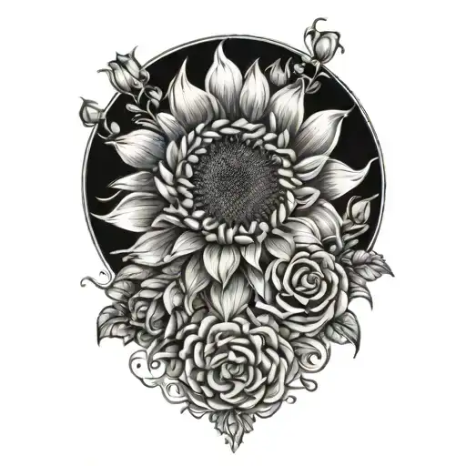 sunflower, rose, and chrysanthemum, flower surrounded tattoo design idea