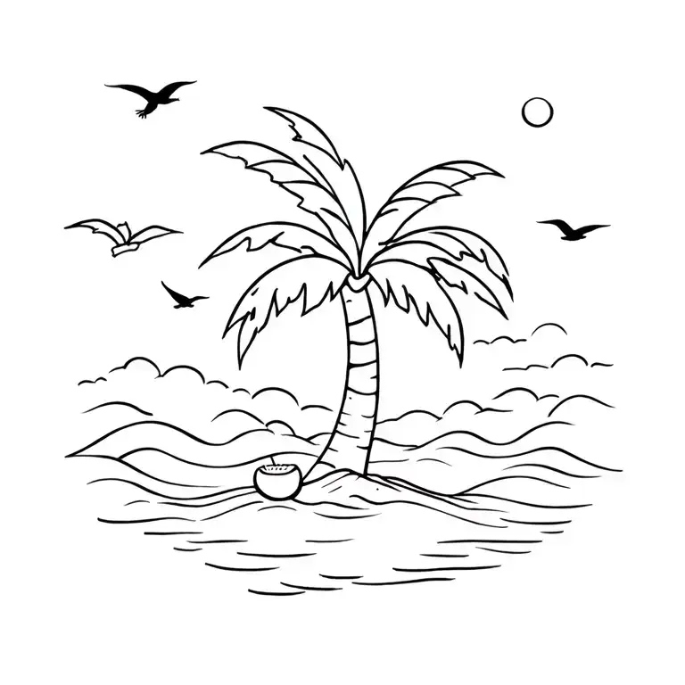  a palm tree with coconuts on an island with waves in the background and birds in the sky and a sun but also a sim tattoo design idea