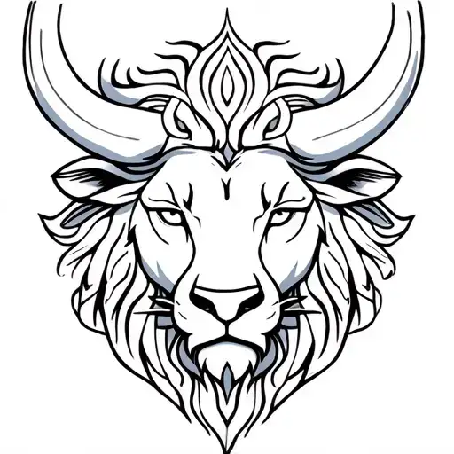 Head lion with bull frontal view, oriental mandala tattoo design idea