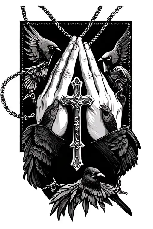 praying hands holding cross necklace representing love cardinal bird and the scripture Micah 5:9 tattoo design idea