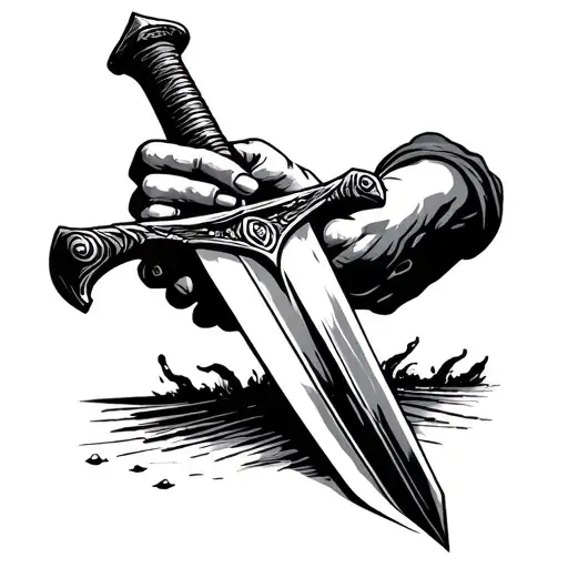  divine, radiant hands (strong, slightly weathered) sharpening a sword on a whetstone. symbolizing the struggle with god tattoo design idea