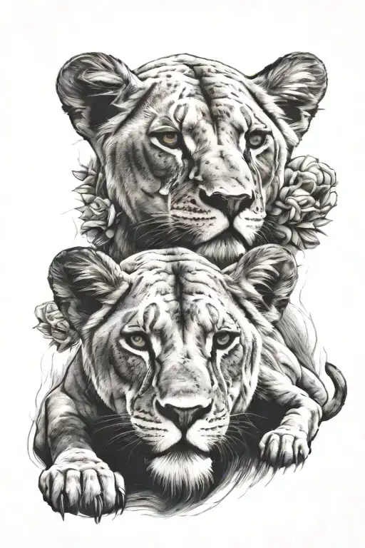 Lioness protecting 2 cubs tattoo design idea