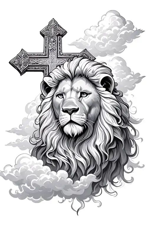 Orthodox cross with clouds lion surrounded tattoo design idea