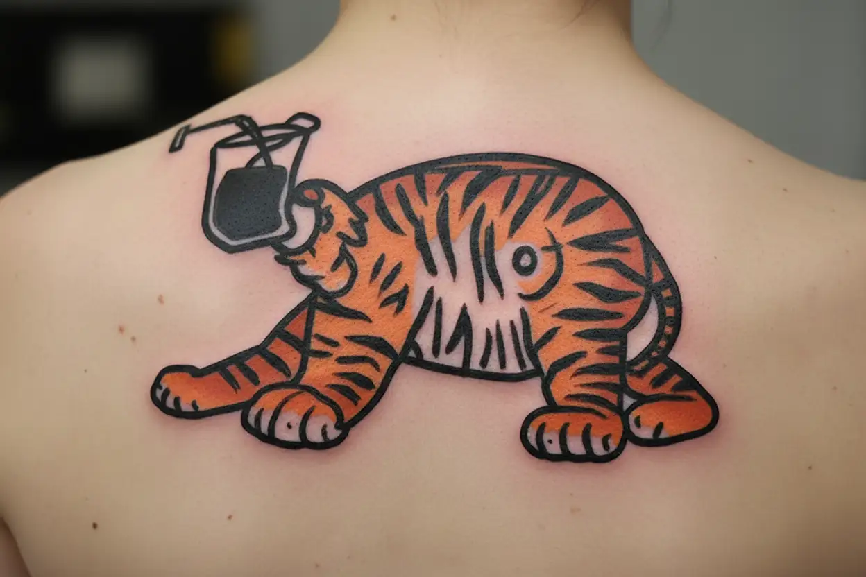 tiger is drinking alcohol from the straw, whole body visible tattoo design idea