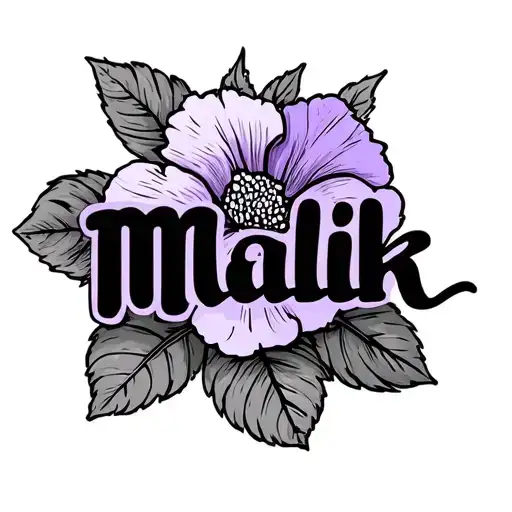 Fine line name " Malik" written in cursive with a violet and a primrose tattoo design idea