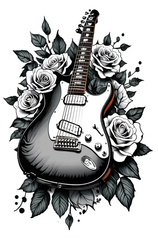 electric guitar, country music, roses blooming tattoo design idea