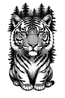forest with eye and minimal tiger figure sitting tattoo design idea