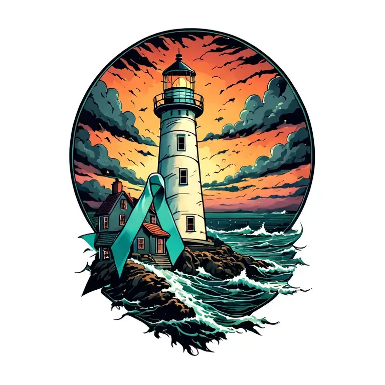 A lighthouse in a stormy weather with a ovarian cancer ribbon around it tattoo design idea