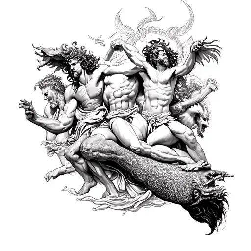 A Greek mythology themed sleeve with scenes of gods and monsters battling in epic clashes tattoo design idea