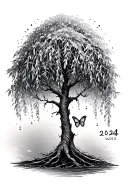 a small and simple willow tree with a butterfly on the branch with sparkles around the tree and 2024 under the tree tattoo design idea