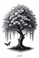 a small and simple willow tree with a butterfly on the branch with sparkles around the tree and 2024 under the tree tattoo design idea
