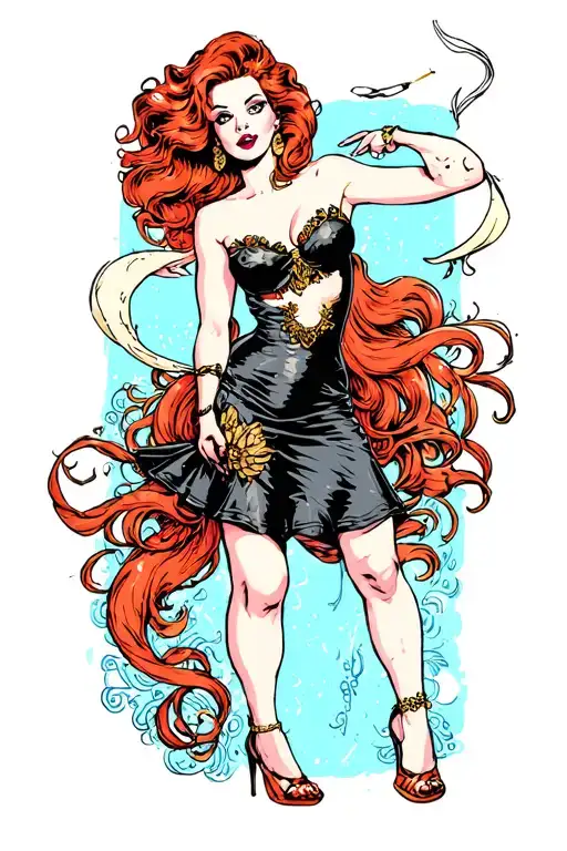 siren redhead pin up girl style tattoo design idea