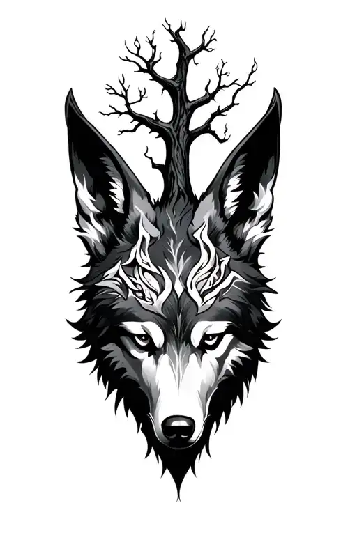 yggadra tree behind sefnir wolf face tattoo design idea