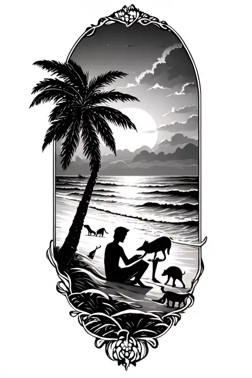 A sunrise over the beach with animals frolicking in the waves, while a figure reads a book under a palm tree, all in black-grey style tattoo design idea