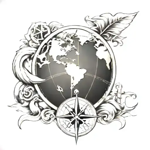 globe compass anchor plane tattoo design idea