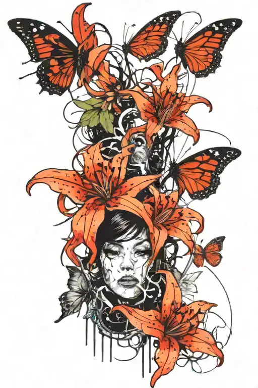 spider lily flowers butterfly and tori portal  tattoo design idea