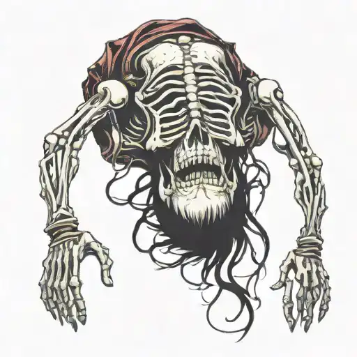 skeleton hung upside down with hands tied behind his back tattoo design idea