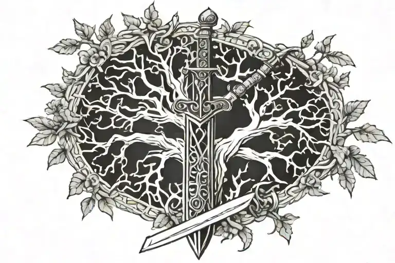 A sword with a crown wrapped around the trunk of a tree of life tattoo design idea
