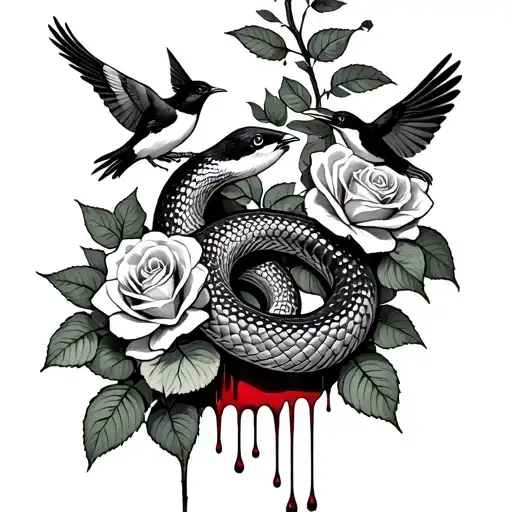American traditional tattoo of a snake climbing up a rose bush with snake blood dripping down trying to grab magpies tattoo design idea