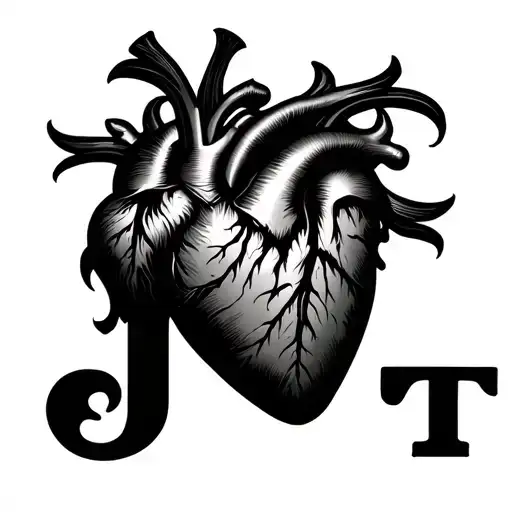 Masculine Heart with Letters J K T tattoo design idea