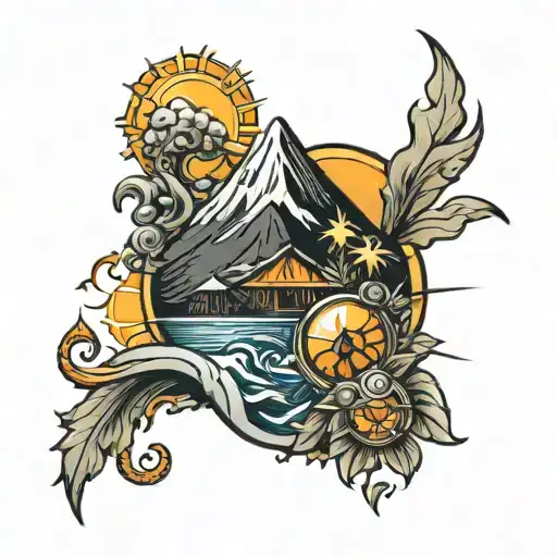volcano island wind ans Sun  tattoo design idea