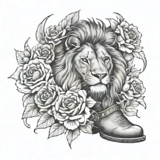 lion head, flowers, cross, and cowboy boots, feminine  tattoo design idea