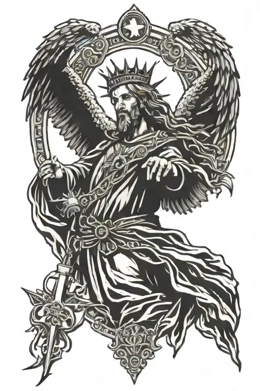 angel, sacred heart, crown of thorns, blessed sacrament, gun, 3 Stars and a Sun, Eagle, St. Francis, 23, Mt. 1:23 tattoo design idea
