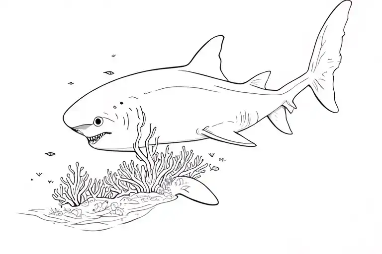 Shark in reef with steep, dropping floor with coral and tiny fish. bird eye view tattoo design idea
