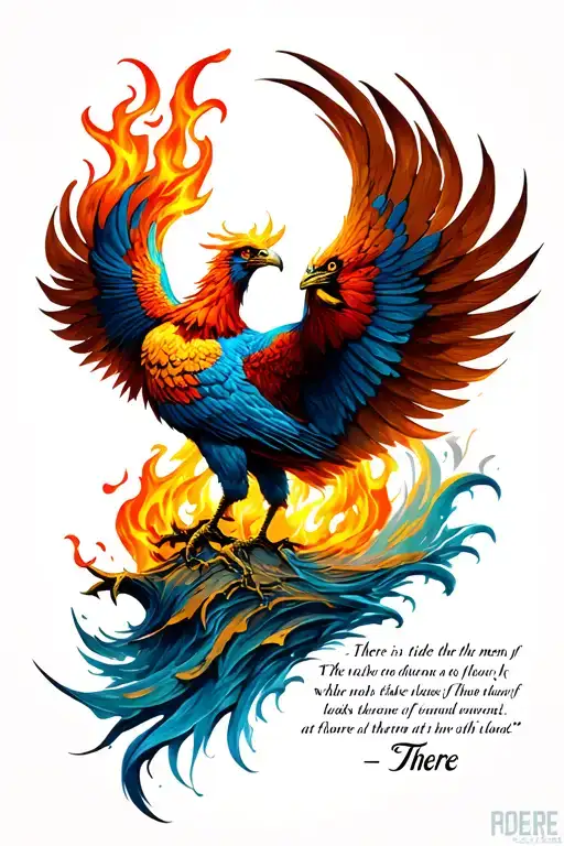 ""There " phoenix with flame tale with a quote  there is a tide in the affairs of men, which, taken at the flood, leads fortune tattoo design idea
