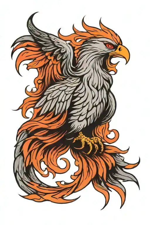 Rising Phoenix, mostly black and grey with red and orange fire rising from the tail tattoo design idea