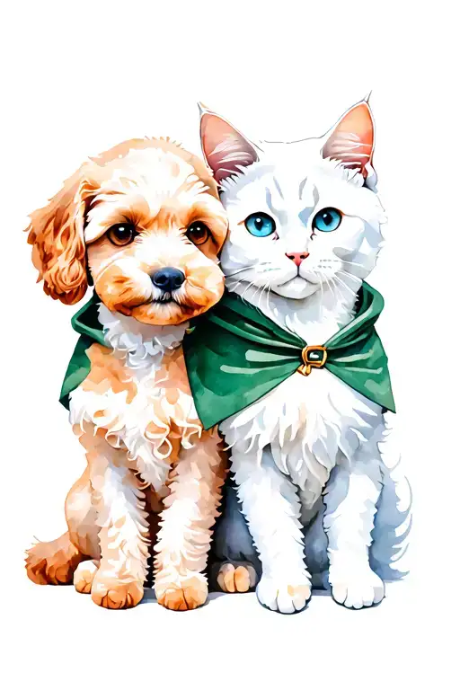 cute goldendoodle with hazel eyes back to back with a white siberian cat with blue eyes, both wearing green cloak on hea tattoo design idea