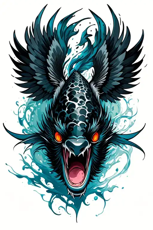 black koi head with phoenix wings tattoo design idea
