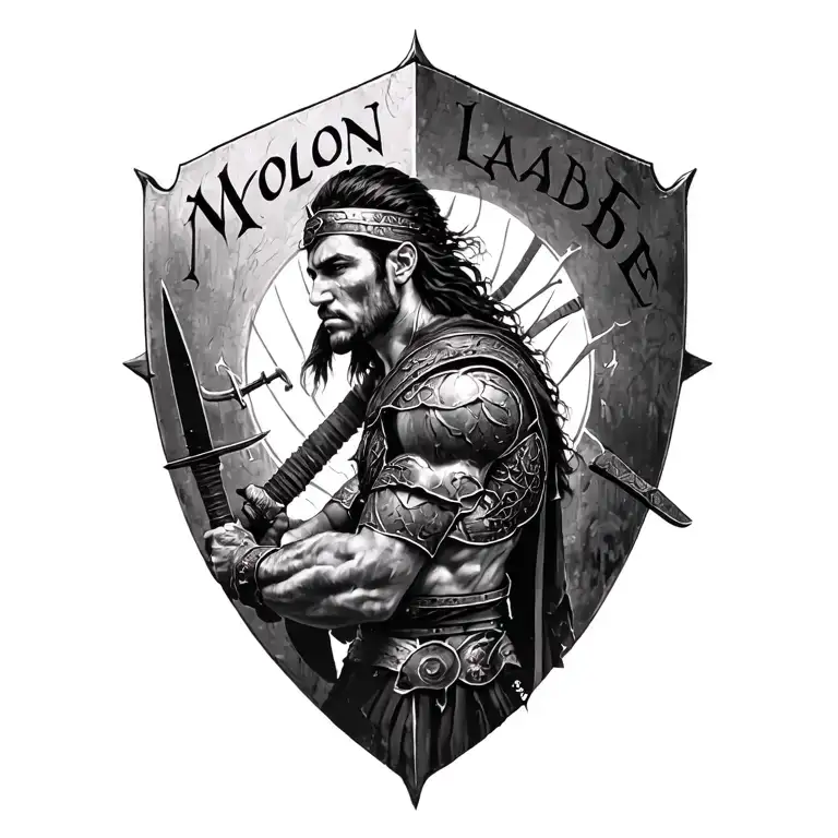 black and white color, battle ready spartin warrior inscribed with MOLON LABE tattoo design idea