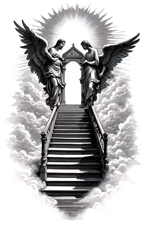 stairway to heaven walking up stairs angels sun rays clouds heaven gate at the top of the stairs  tattoo design idea
