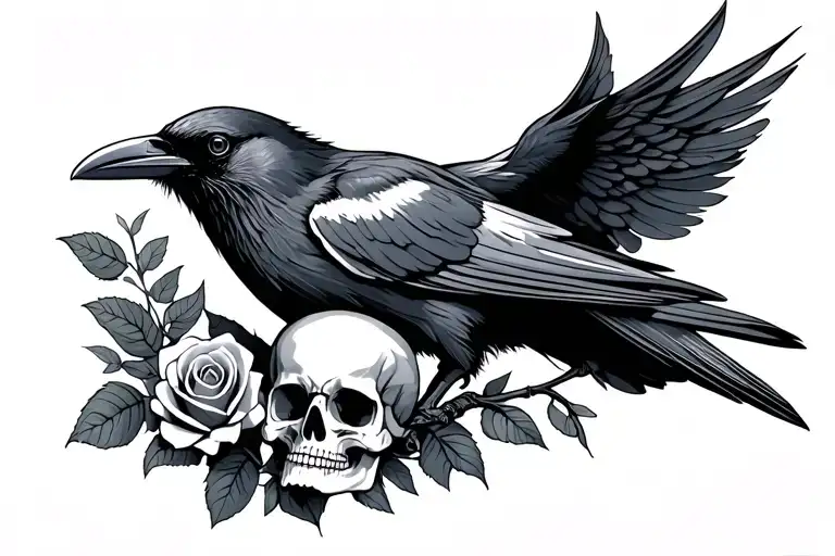 crow or raven, roses, skull inside tattoo design idea