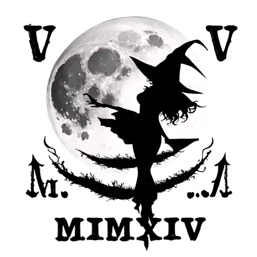 "IV.V.MMXIV" sexy witch silhouette over full moon tattoo design idea