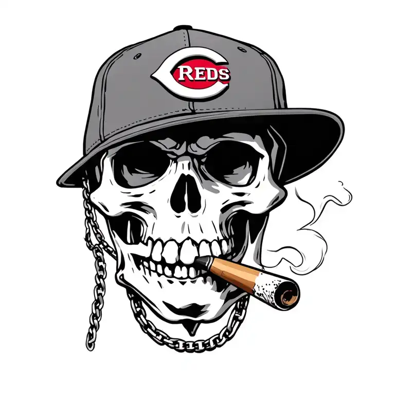 Skull smoking a blunt with a Cincinnati Reds baseball cap facing the side and a chain around the neck  tattoo design idea