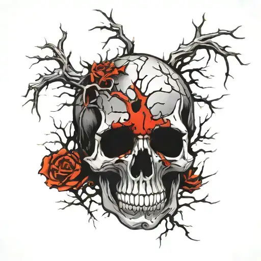 Cracked Bloody Skull, No Jawbone, Bleeding. Dry Thorny Blood soaked black Branches. tattoo design idea