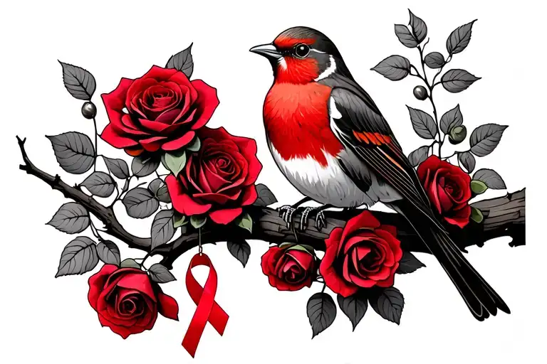 Robin sitting on branch surrounded by a lot of red roses with a cancer ribbon hanging off the end of it tattoo design idea