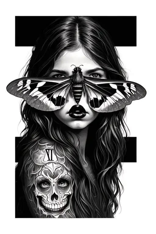 Mens full sleeve tattoo. On forearm girl with death moth over her lips and some Roman numerals incorporated for 2 kids b tattoo design idea