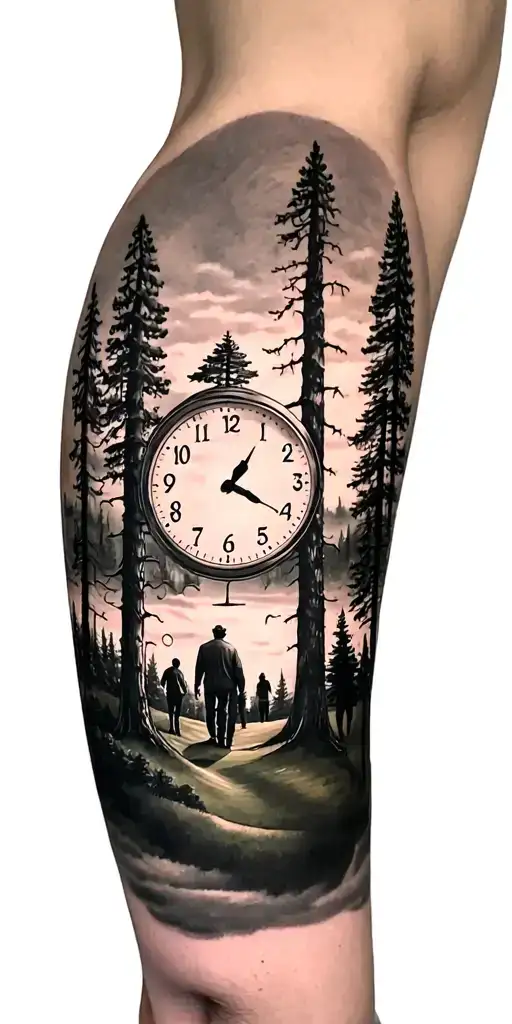 pine forest and family on golf course and ansel adams and clock tattoo design idea