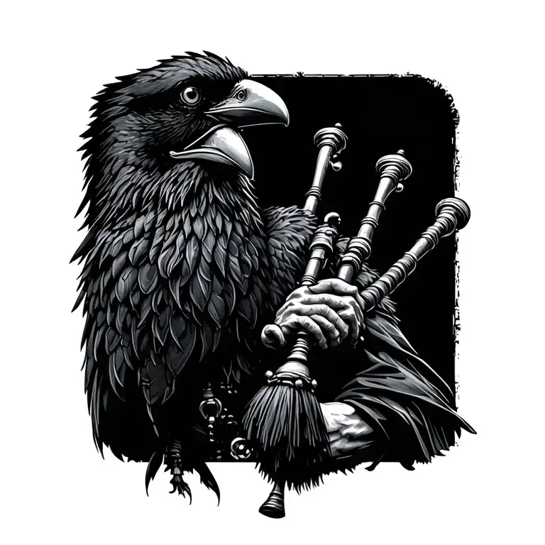  crow muscular with mans face bagpiper playing black bagpipes baldblack beard tattoo design idea