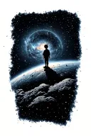 Background a galaxy A male child stands on a tiny planet and looks into the distance tattoo design idea