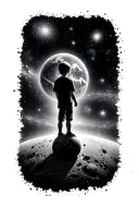 Background a galaxy A male child stands on a tiny planet and looks into the distance tattoo design idea