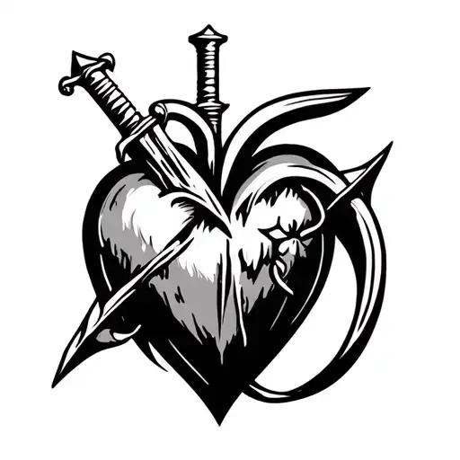 a traditional tattoo stencil of a sacred heart pierced by a dagger on a diagonal, bold black lines, classic tattoo flash tattoo design idea