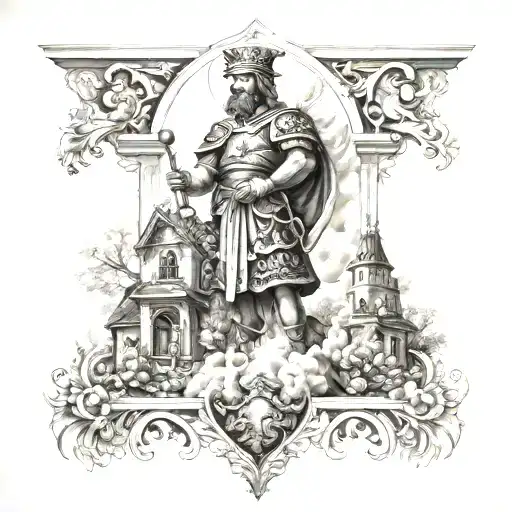 Saint Florian with burning house surrounded tattoo design idea