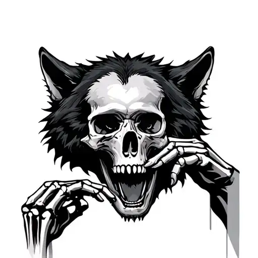 black wolf biting skull with two hands touching, one hand is a skeleton tattoo design idea