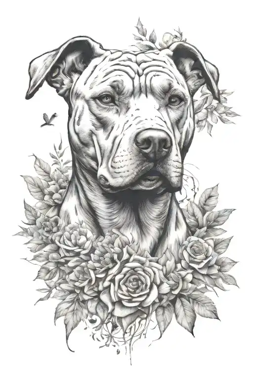 pitbull head with brackground of nature elements tattoo design idea