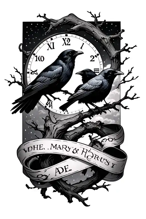 night sky filler, crows, tree branch, time, ribbon tattoo design idea