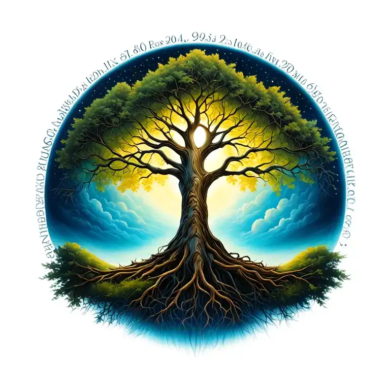 tree of life with deceased loved ones birth and death dates tattoo design idea